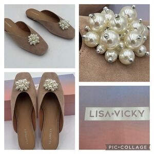 Lisa Vicky Glow-V Tan Camel Kid Suede Mule Faux Pearl Cluster Decor Size 7.5M